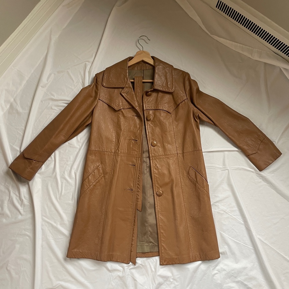 mid-length vintage leather trench coat